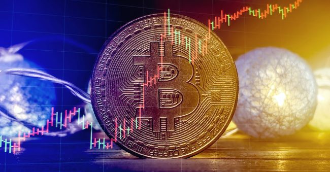 Bitcoin Stock Growth. Chart shows a strong increase in the price of bitcoin. Bitcoin gold coin and defocused chart background. Virtual cryptocurrency concept.