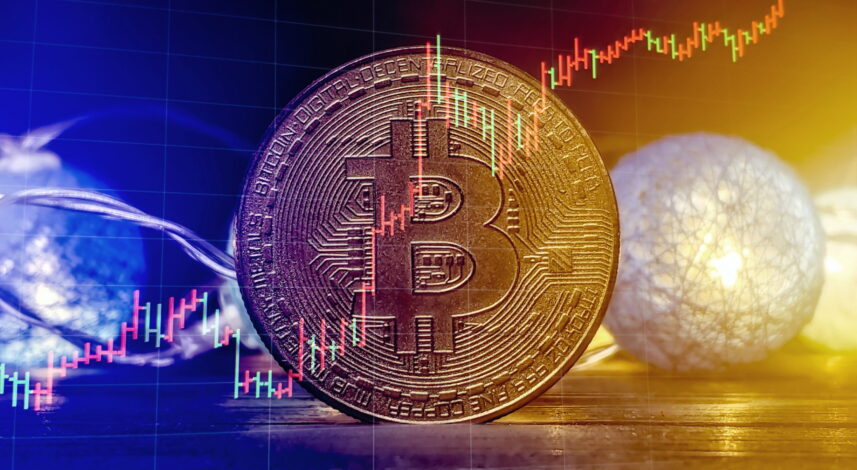 Bitcoin Stock Growth. Chart shows a strong increase in the price Bitcoin Stock Growth. Chart shows a strong increase in the price of bitcoin. Bitcoin gold coin and defocused chart background. Virtual cryptocurrency concept.